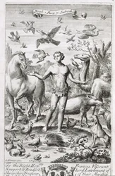 Adam im Paradies mit den Tieren, Illustration zur Einführung von Buch 1 Teil 7 von 